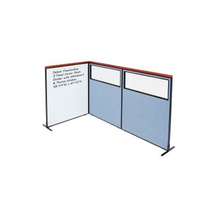Global Equipment Interion    Deluxe Freestanding 3-Panel Corner w/Whiteboard   Partial Window 48-1/4Wx61-1/2H Blue 695189BL